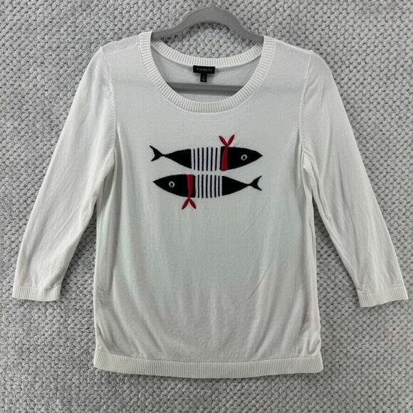 Talbots Sweater S White Gondolier Fish Embroidered 3/4 Sleeves Crew Neck Italian - Picture 1 of 11